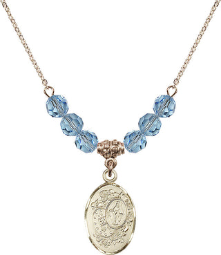 18" Hamilton Gold Plated Necklace with 4mm Aqua Crystal Beads featuring a 14kt Gold Filled Miraculous Medal.