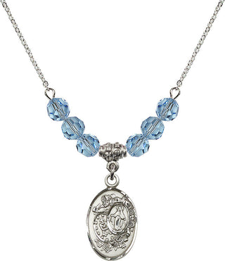 18" Rhodium Plated Necklace with 4mm Aqua Crystal Beads featuring a Sterling Silver Miraculous Medal.