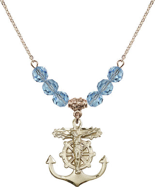 18" Hamilton Gold Plated Necklace with 4mm Aqua Crystal Beads featuring a 14kt Gold Filled Anchor Crucifix Medal.