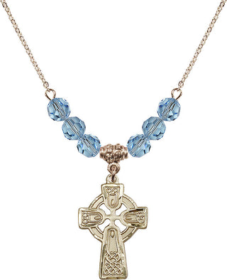 18" Hamilton Gold Plated Necklace with 4mm Aqua Crystal Beads featuring a 14kt Gold Filled Celtic Cross Medal.