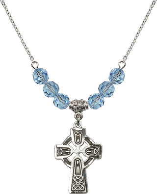 18" Rhodium Plated Necklace with 4mm Aqua Crystal Beads featuring a Sterling Silver Celtic Cross Medal.