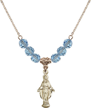 18" Hamilton Gold Plated Necklace with 4mm Aqua Crystal Beads featuring a 14kt Gold Filled Miraculous Medal.