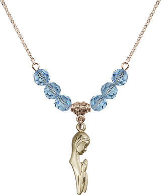 18" Hamilton Gold Plated Necklace with 4mm Aqua Crystal Beads featuring a 14kt Gold Filled Madonna Medal.