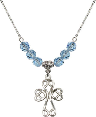 18" Rhodium Plated Necklace with 4mm Aqua Crystal Beads featuring a Sterling Silver Scroll Cross Medal.