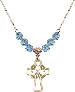 18" Hamilton Gold Plated Necklace with 4mm Aqua Crystal Beads featuring a 14kt Gold Filled Shamrock Cross Medal.