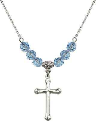 18" Rhodium Plated Necklace with 4mm Aqua Crystal Beads featuring a Sterling Silver Cross Medal. Engraved Catholic Saint Jewelry