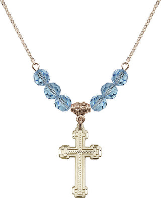 18" Hamilton Gold Plated Necklace with 4mm Aqua Crystal Beads featuring a 14kt Gold Filled Cross Medal.