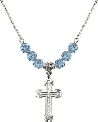 18" Rhodium Plated Necklace with 4mm Aqua Crystal Beads featuring a Sterling Silver Cross Medal.