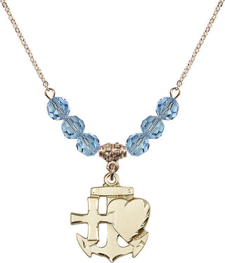 18" Hamilton Gold Plated Necklace with 4mm Aqua Crystal Beads featuring a 14kt Gold Filled Faith, Hope & Charity Medal.