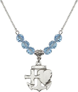 18" Rhodium Plated Necklace with 4mm Aqua Crystal Beads featuring a Sterling Silver Faith, Hope & Charity Medal.