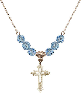 18" Hamilton Gold Plated Necklace with 4mm Aqua Crystal Beads featuring a 14kt Gold Filled Cross on Cross Medal. Engraved Catholic Saint Jewelry