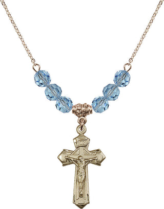 18" Hamilton Gold Plated Necklace with 4mm Aqua Crystal Beads featuring a 14kt Gold Filled Crucifix Medal.
