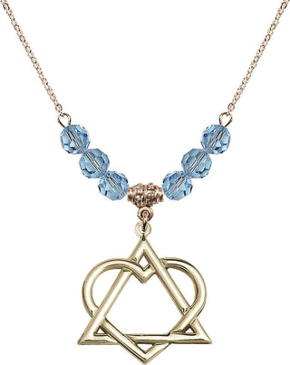 18" Hamilton Gold Plated Necklace with 4mm Aqua Crystal Beads featuring a 14kt Gold Filled Adoption Heart Medal.