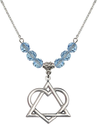18" Rhodium Plated Necklace with 4mm Aqua Crystal Beads featuring a Sterling Silver Adoption Heart Medal.