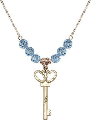 18" Hamilton Gold Plated Necklace with 4mm Aqua Crystal Beads featuring a 14kt Gold Filled Small Key w/Double Hearts Medal.