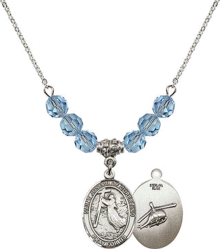 18" Rhodium Plated Necklace with 4mm Aqua Crystal Beads featuring a Sterling Silver Saint Joseph of Cupertino/Heleco Medal.