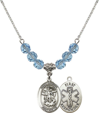 18" Rhodium Plated Necklace with 4mm Aqua Crystal Beads featuring a Sterling Silver Saint Michael/1St Responder Medal.