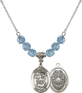 18" Rhodium Plated Necklace with 4mm Aqua Crystal Beads featuring a Sterling Silver Saint Michael the Archangel Medal.
