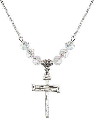 18" Rhodium Plated Necklace with 4mm Crystal Beads featuring a Sterling Silver Nail Cross Medal.