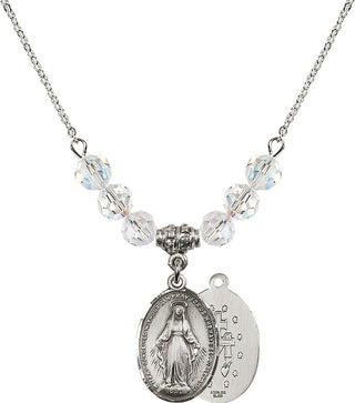 18" Rhodium Plated Necklace with 4mm Crystal Beads featuring a Sterling Silver Miraculous Medal.