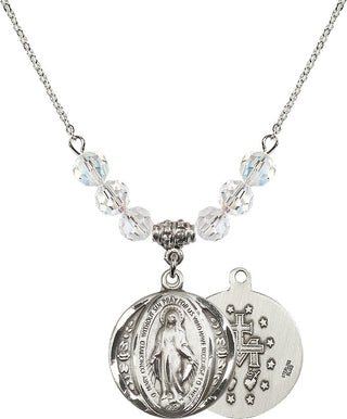 18" Rhodium Plated Necklace with 4mm Crystal Beads featuring a Sterling Silver Miraculous Medal.