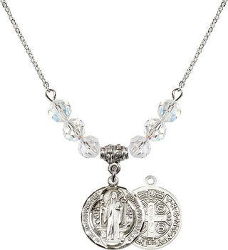 18" Rhodium Plated Necklace with 4mm Crystal Beads featuring a Sterling Silver Saint Benedict Medal.