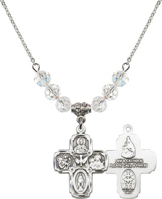 18" Rhodium Plated Necklace with 4mm Crystal Beads featuring a Sterling Silver 5-Way Medal.