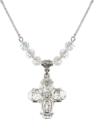 18" Rhodium Plated Necklace with 4mm Crystal Beads featuring a Sterling Silver 4-Way Medal.