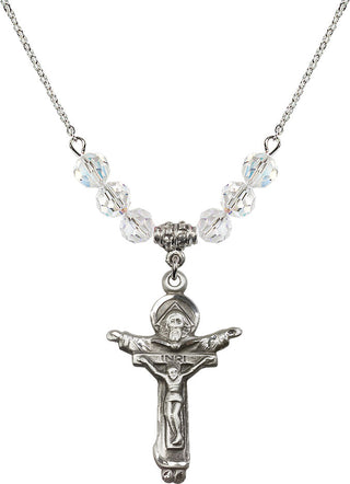 18" Rhodium Plated Necklace with 4mm Crystal Beads featuring a Sterling Silver Trinity Crucifix Medal.