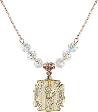 18" Hamilton Gold Plated Necklace with 4mm Crystal Beads featuring a 14kt Gold Filled Saint Florian Medal. Engraved Catholic Saint Jewelry