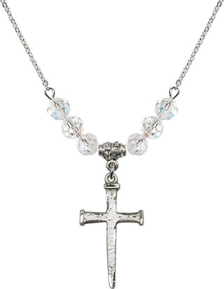 18" Rhodium Plated Necklace with 4mm Crystal Beads featuring a Sterling Silver Nail Cross Medal.