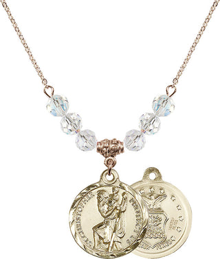 18" Hamilton Gold Plated Necklace with 4mm Crystal Beads featuring a 14kt Gold Filled Saint Christopher / Air Force Medal.