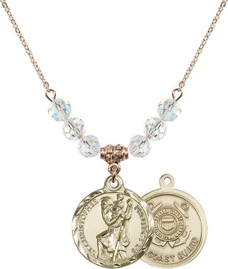 18" Hamilton Gold Plated Necklace with 4mm Crystal Beads featuring a 14kt Gold Filled Saint Christopher / Coast Guard Medal.