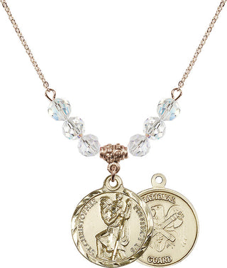 18" Hamilton Gold Plated Necklace with 4mm Crystal Beads featuring a 14kt Gold Filled Saint Christopher / Nat'l Guard Medal.