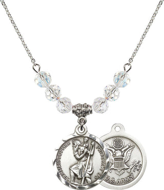 18" Rhodium Plated Necklace with 4mm Crystal Beads featuring a Sterling Silver Saint Christopher / Army Medal.