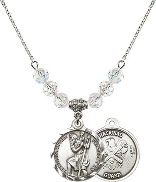18" Rhodium Plated Necklace with 4mm Crystal Beads featuring a Sterling Silver Saint Christopher / Nat'l Guard Medal.