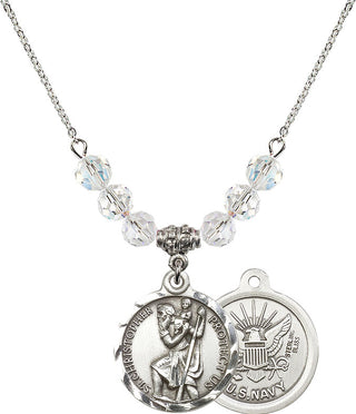 18" Rhodium Plated Necklace with 4mm Crystal Beads featuring a Sterling Silver Saint Christopher / Navy Medal.