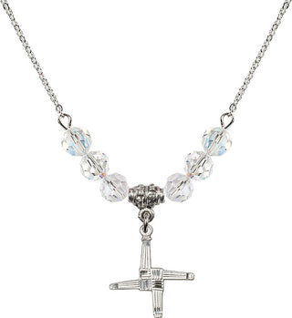 18" Rhodium Plated Necklace with 4mm Crystal Beads featuring a Sterling Silver Saint Brigid Cross Medal.