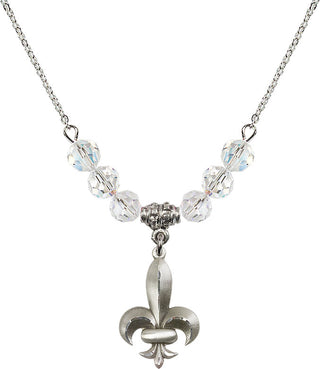 18" Rhodium Plated Necklace with 4mm Crystal Beads featuring a Sterling Silver Fleur de Lis Medal.