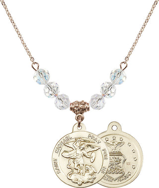 18" Hamilton Gold Plated Necklace with 4mm Crystal Beads featuring a 14kt Gold Filled Saint Michael / Air Force Medal.