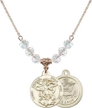 18" Hamilton Gold Plated Necklace with 4mm Crystal Beads featuring a 14kt Gold Filled Saint Michael / Army Medal.
