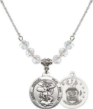 18" Rhodium Plated Necklace with 4mm Crystal Beads featuring a Sterling Silver Saint Michael / Air Force Medal.