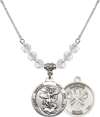 18" Rhodium Plated Necklace with 4mm Crystal Beads featuring a Sterling Silver Saint Michael / Nat'l Guard Medal.