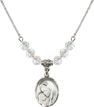 18" Rhodium Plated Necklace with 4mm Crystal Beads featuring a Sterling Silver Madonna & Child Medal.