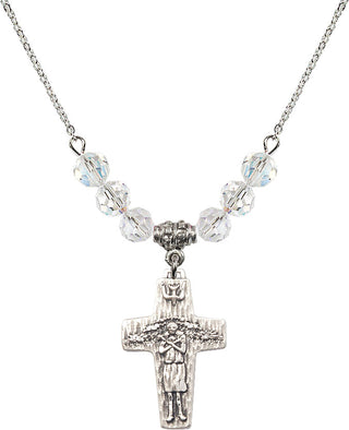18" Rhodium Plated Necklace with 4mm Crystal Beads featuring a Sterling Silver Papal Crucifix Medal.