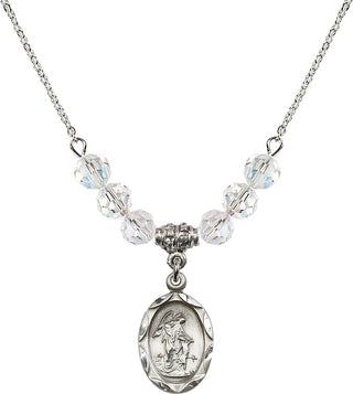 18" Rhodium Plated Necklace with 4mm Crystal Beads featuring a Sterling Silver Guardian Angel Medal. Engraved Catholic Saint Jewelry