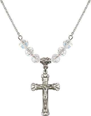18" Rhodium Plated Necklace with 4mm Crystal Beads featuring a Sterling Silver Crucifix Medal.