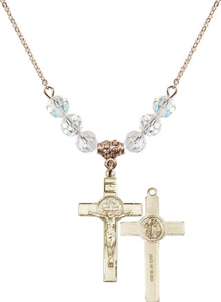18" Hamilton Gold Plated Necklace with 4mm Crystal Beads featuring a 14kt Gold Filled Saint Benedict Crucifix Medal.