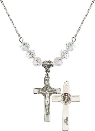 18" Rhodium Plated Necklace with 4mm Crystal Beads featuring a Sterling Silver Saint Benedict Crucifix Medal.