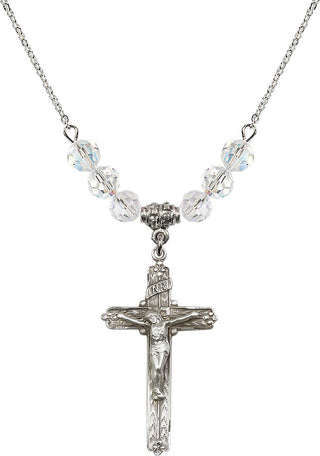 18" Rhodium Plated Necklace with 4mm Crystal Beads featuring a Sterling Silver Crucifix Medal.